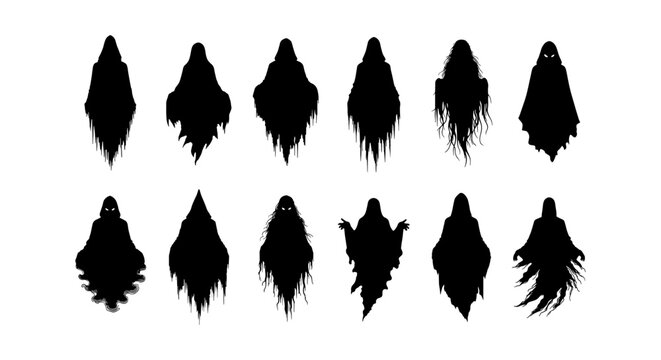 Spooky ghost silhouette collection, 12 creepy phantom icons for Halloween, black spirit and wraith vector set on white background