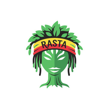 Rasta Face Emblem with Green Leaves and Dreadlocks, Jamaican Culture Icon