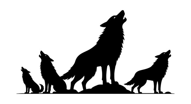 Howling wolf pack silhouette vector, wild wolves family group in nature, black animal silhouettes on white background, wilderness wildlife illustration