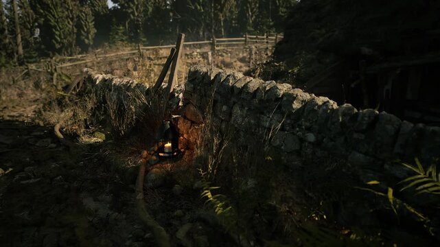 Overgrown vegetation surrounds remnants of stone walls in a secluded forest. Sunlight filters through the trees, illuminating an old lantern beside crumbling bricks.