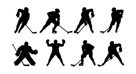 Naklejka premium Ice hockey player silhouettes set, professional athlete action poses in black vector, goalie and skater figures for sports competition graphics