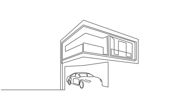 Real estate commercial office building modern architecture line art animation,Self drawing animation of modern flat roof house drawn by continuous one line art 4k animation video,