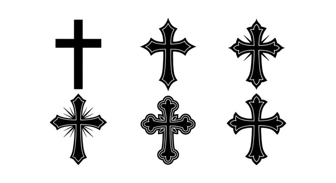 Gothic Christian cross icons set, 6 black religious crucifix vector elements, ornate gothic cross silhouettes for tattoo design and church branding