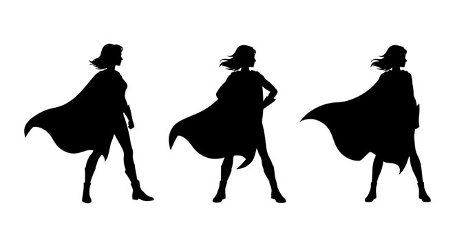 Superhero woman silhouette set, powerful female hero in cape standing in different poses, black vector silhouettes of strong women leaders