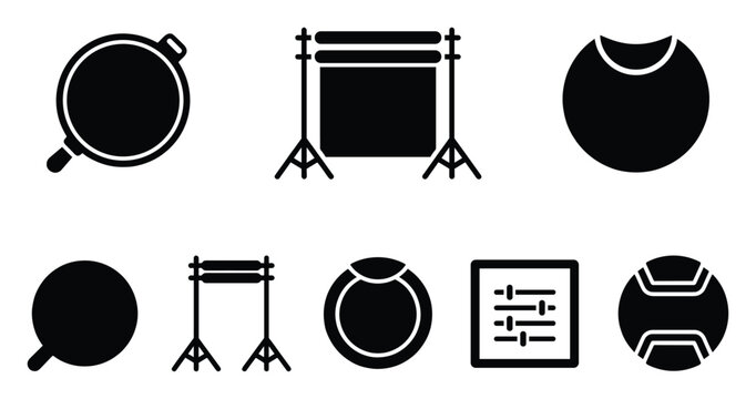 Versatile collection of photography and video studio equipment icons including backdrop stands, reflectors, lens accessories, and control panels for diverse digital and print media