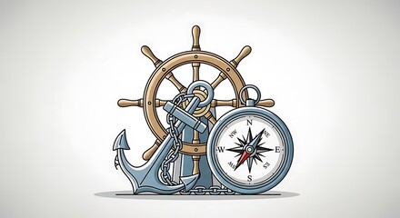 Fototapeta premium Nautical elements with ship wheel and compass