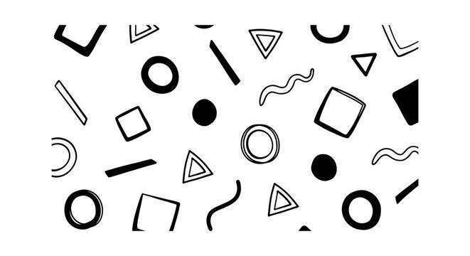 Memphis style geometric pattern vector, black and white abstract shapes background, minimalist hand drawn doodle elements for modern textile design