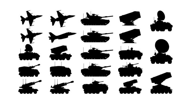 Military vehicle silhouettes set, 20 black army icons including tanks and fighter jets, armored combat vehicles and missile launchers vector collection