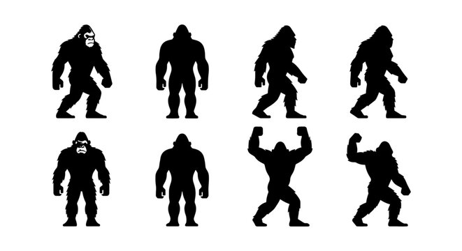 Gorilla silhouette vector set, 8 black ape icons in various poses, muscular silverback primate shapes, wild animal character silhouettes for logo design