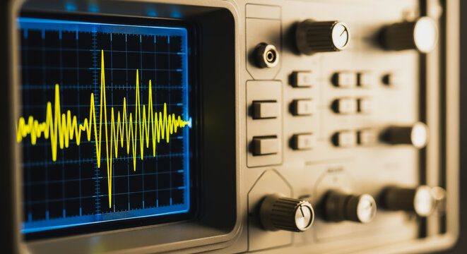 Vintage-style oscilloscope screen showing yellow frequency waveform with control knobs and electronic testing equipment