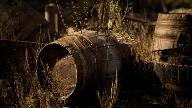 A collection of rustic wooden barrels lies scattered on dry ground, half buried in tall grass, reflecting the passage of time in a tranquil rural setting during golden hour.