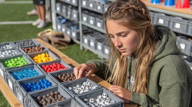 Young woman sorting colorful objects in small bins, outdoor setting