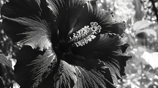 Black and white close up of a hibiscus flower with detailed petals and pollen structure in nature with sunlight