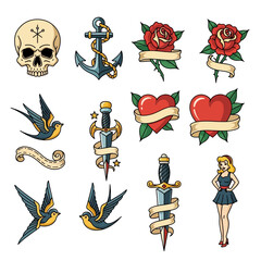 Obraz premium Traditional Tattoo Flash Sheet: Skull, Anchor, Roses, Hearts, Daggers, Swallows, Pin-up Girl