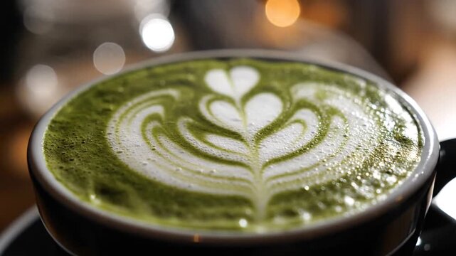 Close-up detail of a green tea matcha latte with intricate white milk foam art in a heart pattern, served in a dark cup against a soft focus background with warm bokeh and high contrast.