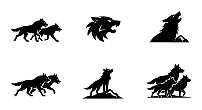 Black wolf silhouette icons set, wild predator animal logo collection, howling timber wolf and pack of wolves vector graphics for branding