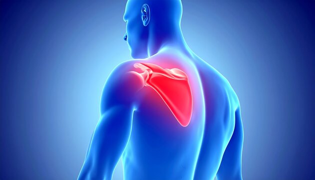 A medical anatomical digital illustration showing the upper body of a person viewed from the back and side, focusing on the shoulder region. The shoulder joint, including the humerus, scapula, and cla