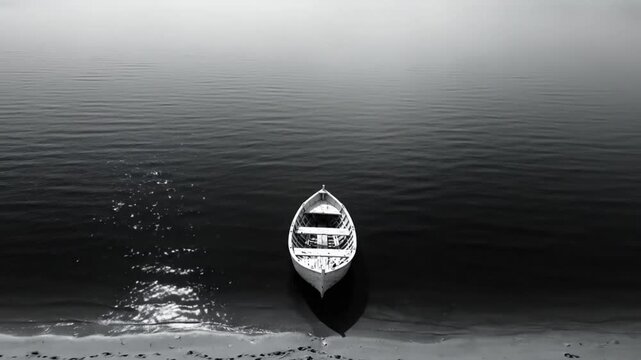 Black and white aerial view of a small white boat docked on the shore with a foggy horizon
