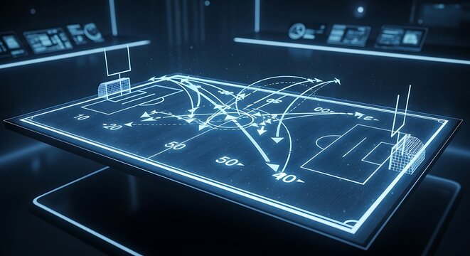 Futuristic sports strategy board, glowing blue tactical plan, football field diagram, digital playbook