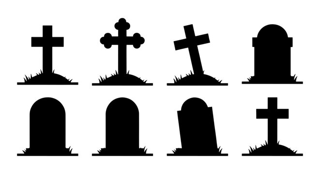 Spooky Halloween gravestone silhouettes set, 8 cemetery headstone icons with crosses, black tombstone vector elements for funeral and graveyard designs
