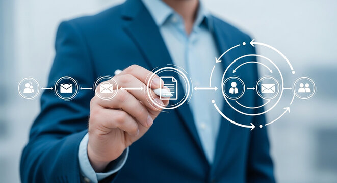 Businessman interacting with digital workflow icons on a transparent screen