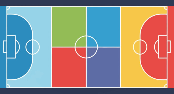 Top View Multi-Sport Court with Colorful Quadrants and White Lines for Various Games
