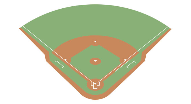 Top View of a Classic Baseball Field with Green Outfield and Brown Infield, Including All Bases, in an Outdoor Setting.