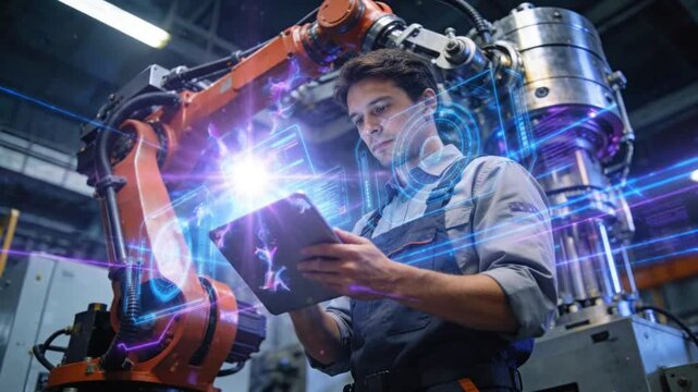 Technician Optimizing Robotic Assembly with Augmented Reality