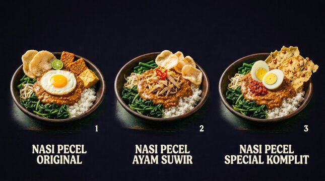Delicious Indonesian Nasi Pecel Dishes with Various Toppings and Sides.
