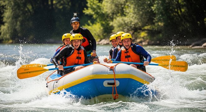 Excited group of friends whitewater rafting on a sunny river navigatin