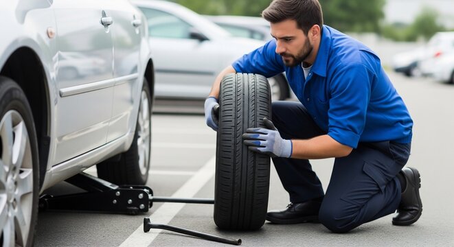 Professional Mechanic in Uniform Changing a Flat Tire on a Silver Car