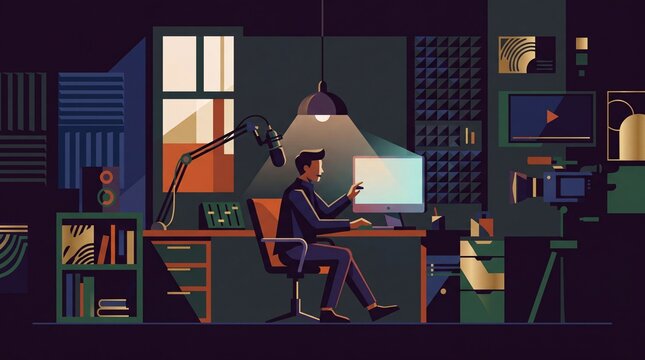 Content creator recording podcast or video in dark home studio at night, man using computer and microphone for streaming and broadcast.