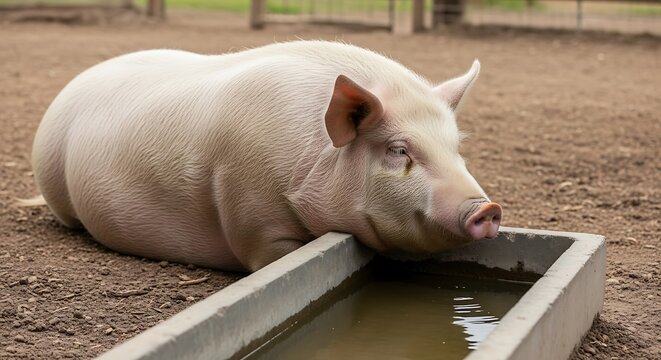 Pink pig resting by water trough.
