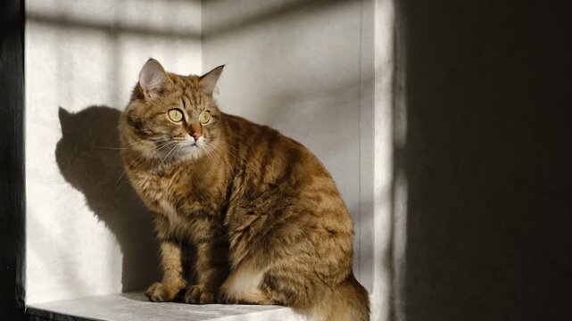 Tabby cat basked in the afternoon sunlight, Mixed breed, siberian cat, norwegian forest cat. Blurred movie-like scene, soft morning sunlight, atmospheric mood