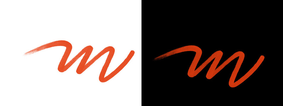 Orange marker cursive m w flourish on split white and black background, hand drawn calligraphy stroke