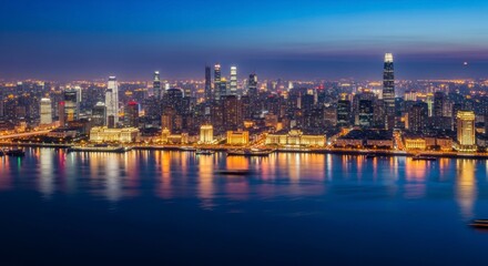 Fototapeta premium Shanghai's Luminous Horizon: The Bund's Golden Glow Meets Modern Towers at Dusk.
