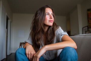 Obraz premium Thoughtful Young Woman Sitting at Home Looking Away with Calm Reflective Expression