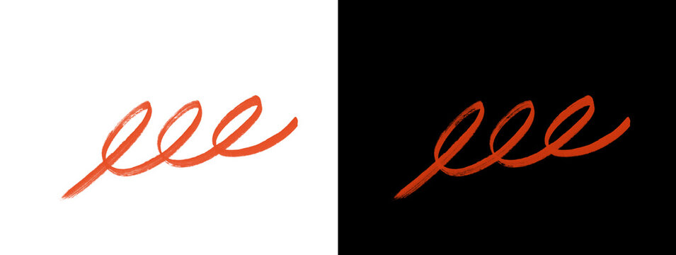 Orange marker triple loop wave eee shape on split white and black background, hand drawn flourish