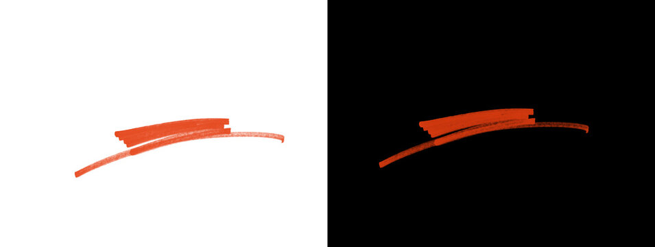 Curved orange marker chevron bracket stroke on split white and black background, hand drawn arrow element