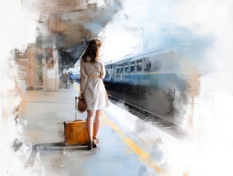 Illustration einer Frau mit Koffer am Bahnhof, wartend auf die Reise, Fernweh und Urlaubsgef&uuml;hl mit Erwartung und Aufbruchsstimmung