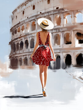 Illustration einer Frau im Sommerkleid vor dem Kolosseum in Rom, genie&szlig;t St&auml;dtetrip in Italien mit Sonne, Urlaub und mediterranem Flair