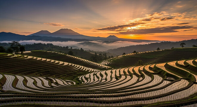 Terraced fields bathed in golden sunrise light, mountains rise misty in distance