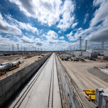 Gro&szlig;baustelle mit Tunnelbau und Infrastruktur, moderne Industrie- und Bauarbeiten unter dramatischem Himmel