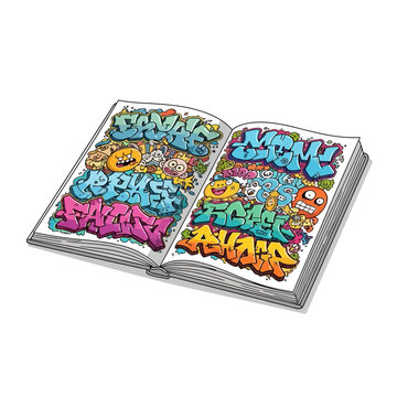 Graffiti Art Book Open with Colorful Characters and Bold Typography
