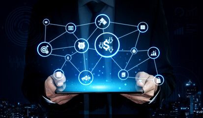 Obraz premium Modern budgeting and financial management icons showing finance, savings, tax, and planning. Budget supports business strategy, budget helps growth, and budgeting ensures financial control. Entice