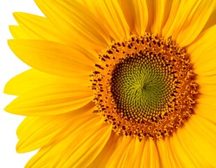Obraz premium Close-up of a vibrant yellow sunflower with a green center on a white background