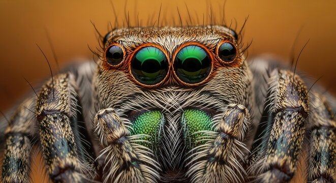 Extreme close-up macro shot of a jumping spider's face, showcasing its large green eyes and intricate hairy texture.