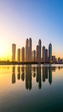 A serene cityscape at sunset with skyscrapers reflected in calm water (2)