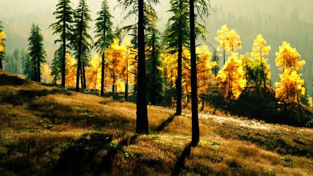 Golden leaves blanket the forest floor while tall pine trees rise in the background. Sunlight filters through the branches, creating a warm and inviting atmosphere.