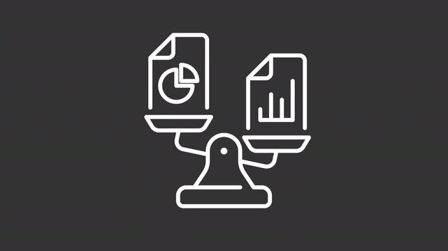 Animated comparative financials white line icon. Statements control animation. Analyzing changes in company commercial performance. Isolated element on dark background. Alpha transparent video